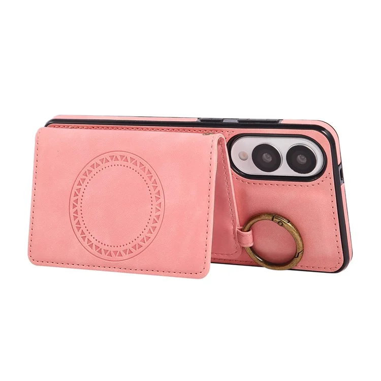 For Samsung Galaxy S25 Edge Case Card Holder Kickstand Leather + TPU Phone Cover with Ring Holder - Rose Gold