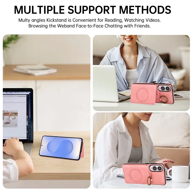 For Samsung Galaxy S25 Edge Case Card Holder Kickstand Leather + TPU Phone Cover with Ring Holder - Rose Gold