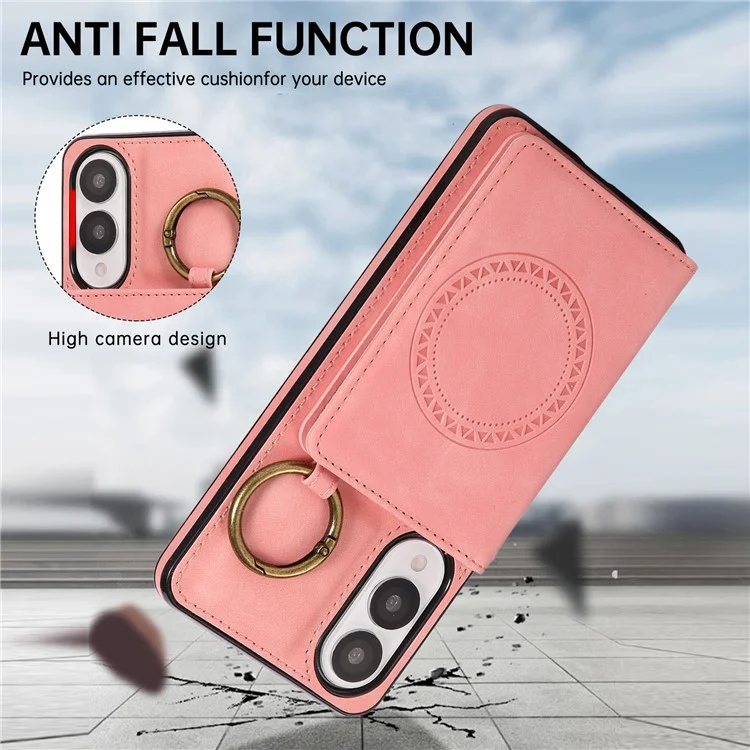 For Samsung Galaxy S25 Edge Case Card Holder Kickstand Leather + TPU Phone Cover with Ring Holder - Rose Gold