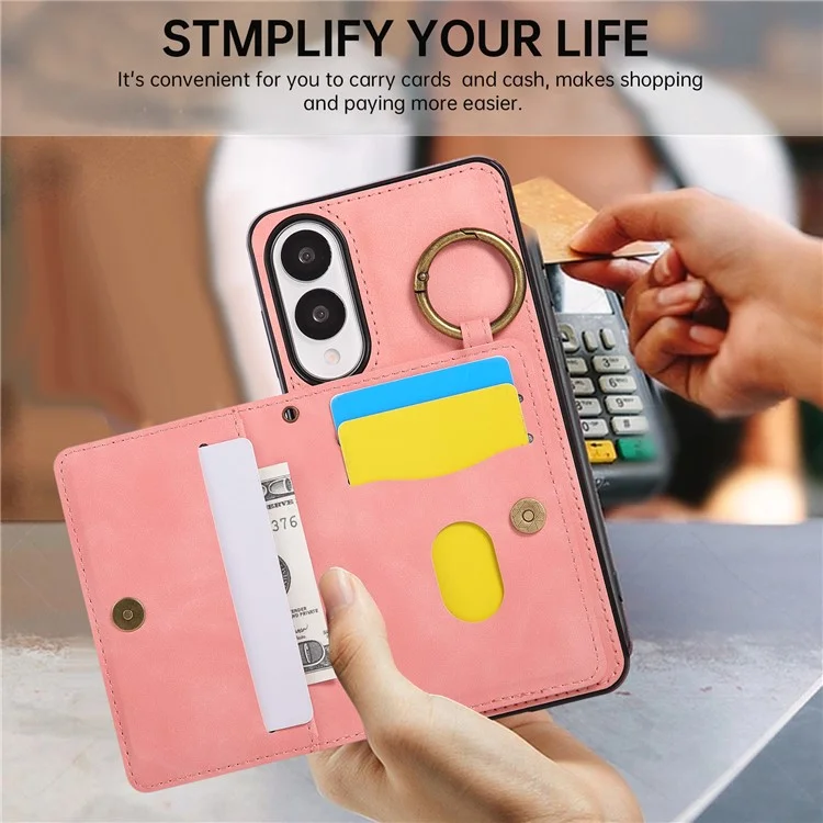 For Samsung Galaxy S25 Edge Case Card Holder Kickstand Leather + TPU Phone Cover with Ring Holder - Rose Gold