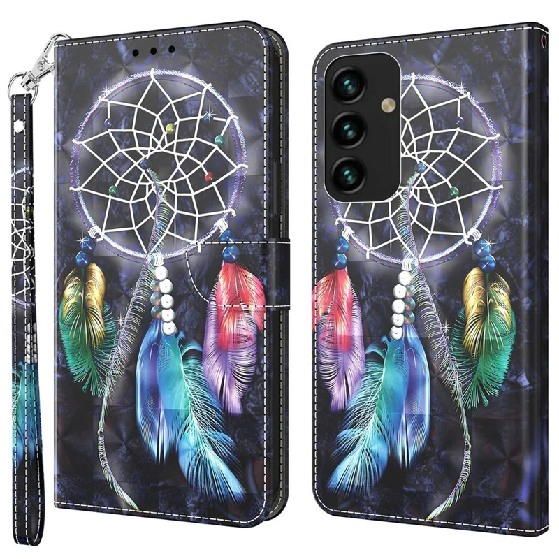 For Samsung Galaxy S23+ PU Leather 3D Pattern Printing Shockproof Case Foldable Stand Phone Wallet Cover with Wrist Strap - Dream Catcher