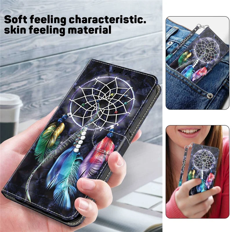 For Samsung Galaxy S23+ PU Leather 3D Pattern Printing Shockproof Case Foldable Stand Phone Wallet Cover with Wrist Strap - Dream Catcher