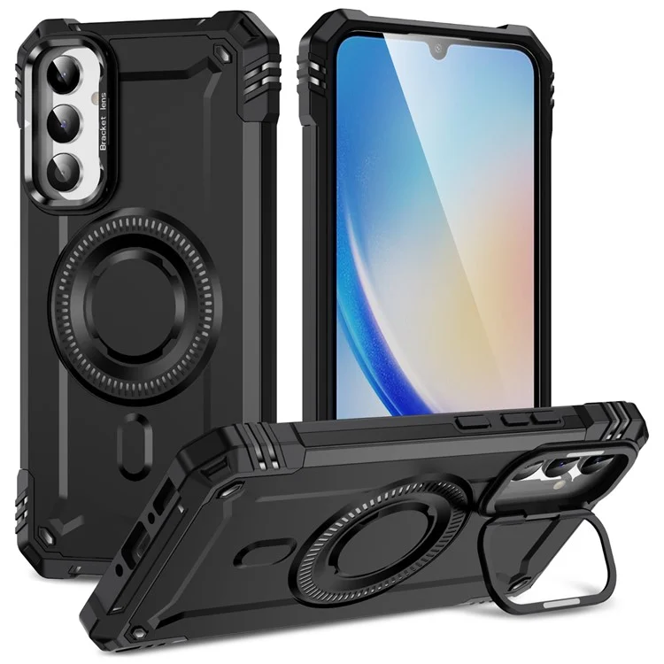 For Samsung Galaxy A26 5G Case Compatible with MagSafe Metal Lens Frame Kickstand PC + TPU Mobile Cover - Black