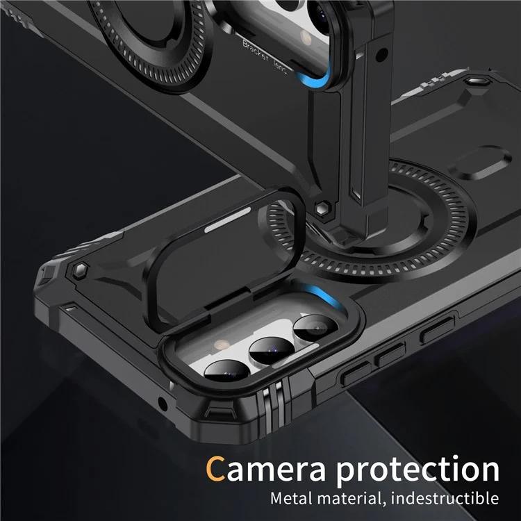 For Samsung Galaxy A26 5G Case Compatible with MagSafe Metal Lens Frame Kickstand PC + TPU Mobile Cover - Black