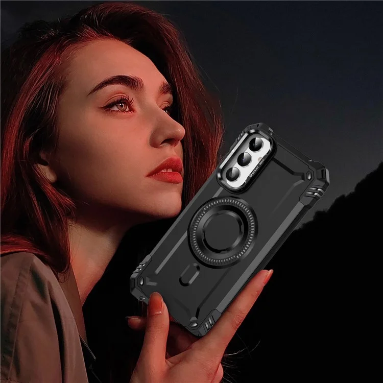 For Samsung Galaxy A26 5G Case Compatible with MagSafe Metal Lens Frame Kickstand PC + TPU Mobile Cover - Black