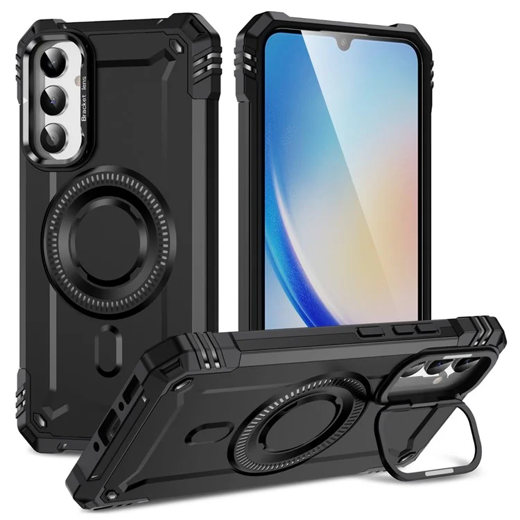 For Samsung Galaxy A56 5G Case Compatible with MagSafe Metal Lens Frame Kickstand PC + TPU Mobile Cover - Black