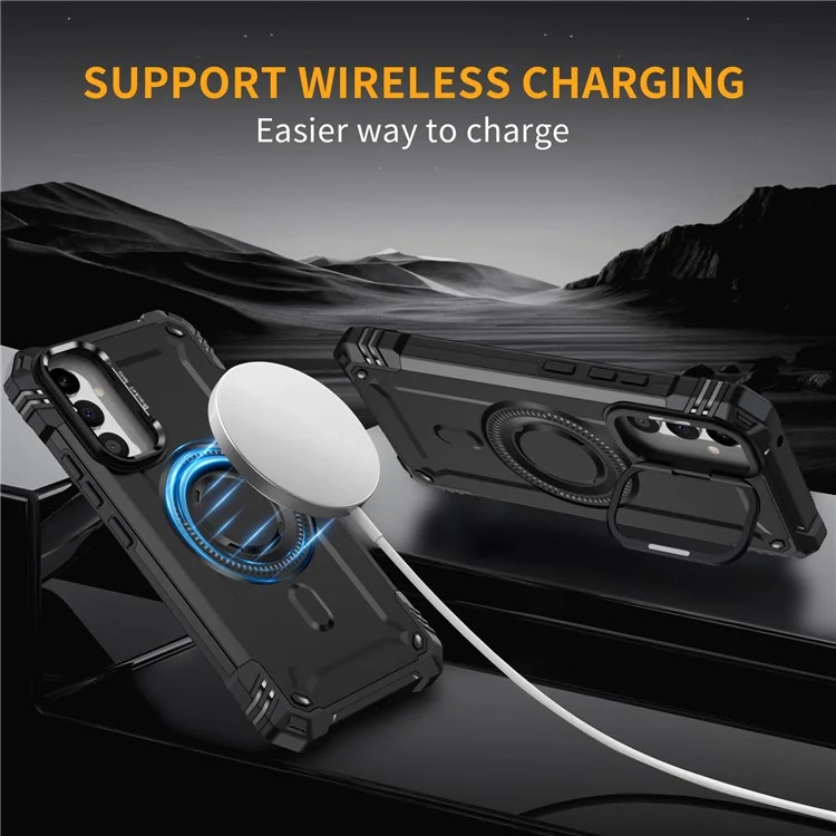 For Samsung Galaxy A56 5G Case Compatible with MagSafe Metal Lens Frame Kickstand PC + TPU Mobile Cover - Black