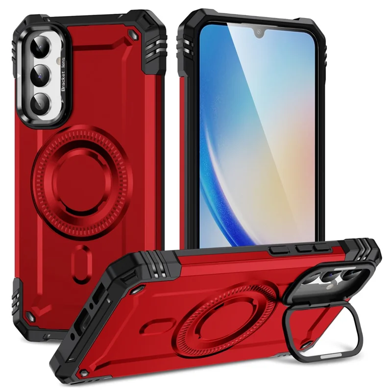 For Samsung Galaxy A56 5G Magnetic Case Metal Lens Frame Kickstand PC + TPU Mobile Cover - Red