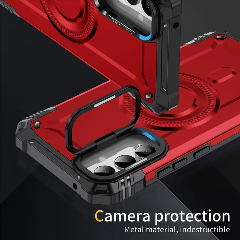 For Samsung Galaxy A56 5G Magnetic Case Metal Lens Frame Kickstand PC + TPU Mobile Cover - Red