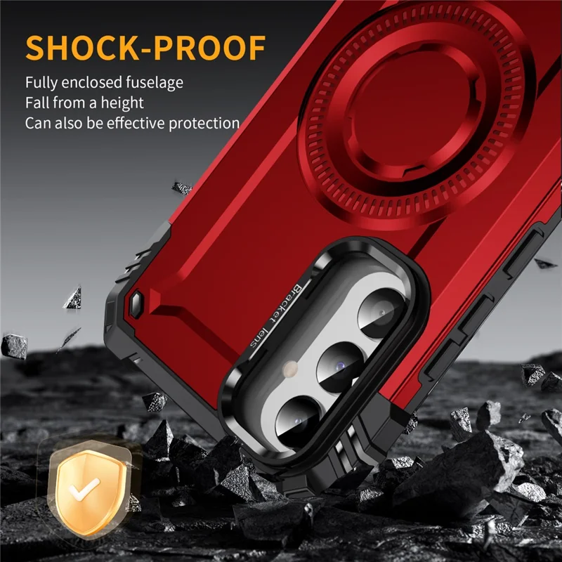 For Samsung Galaxy A56 5G Magnetic Case Metal Lens Frame Kickstand PC + TPU Mobile Cover - Red