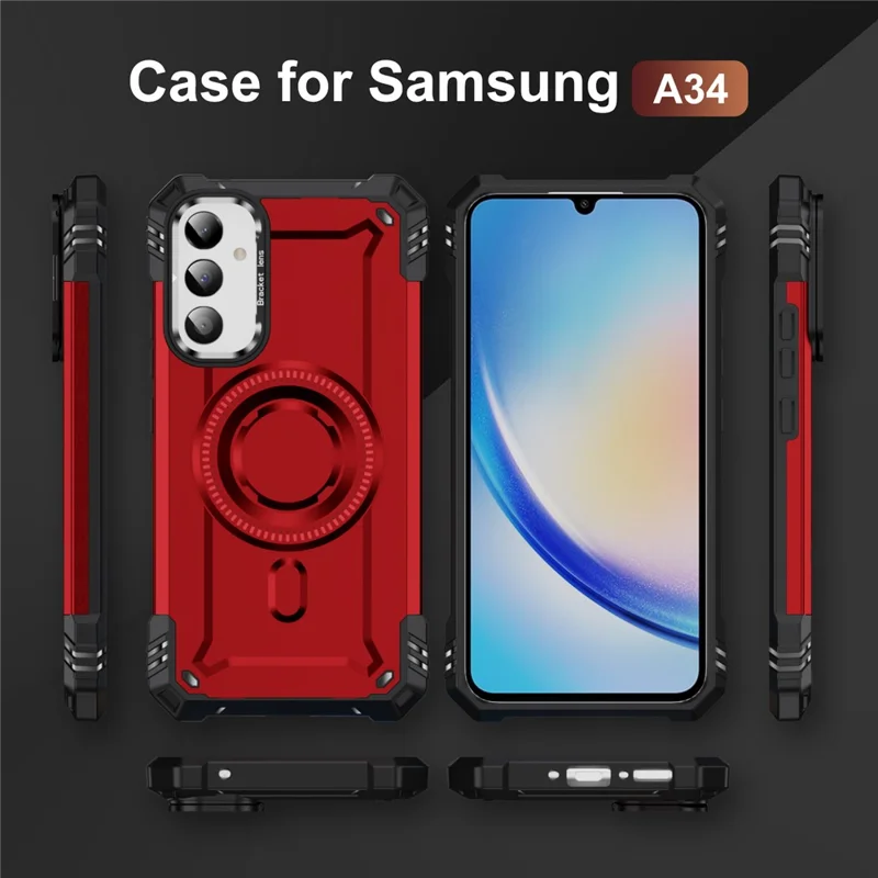 For Samsung Galaxy A56 5G Magnetic Case Metal Lens Frame Kickstand PC + TPU Mobile Cover - Red