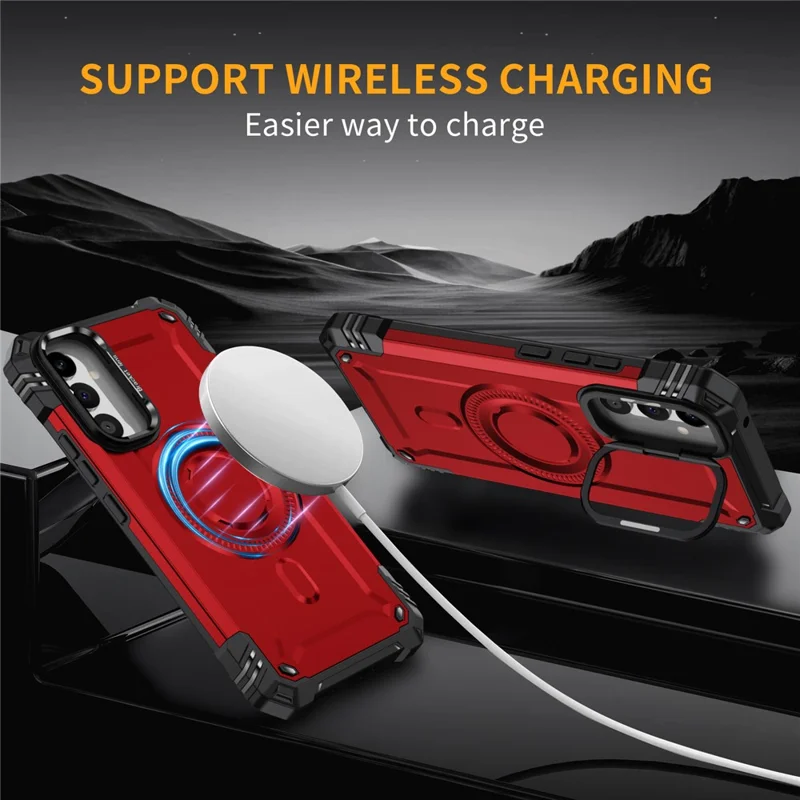 For Samsung Galaxy A56 5G Magnetic Case Metal Lens Frame Kickstand PC + TPU Mobile Cover - Red