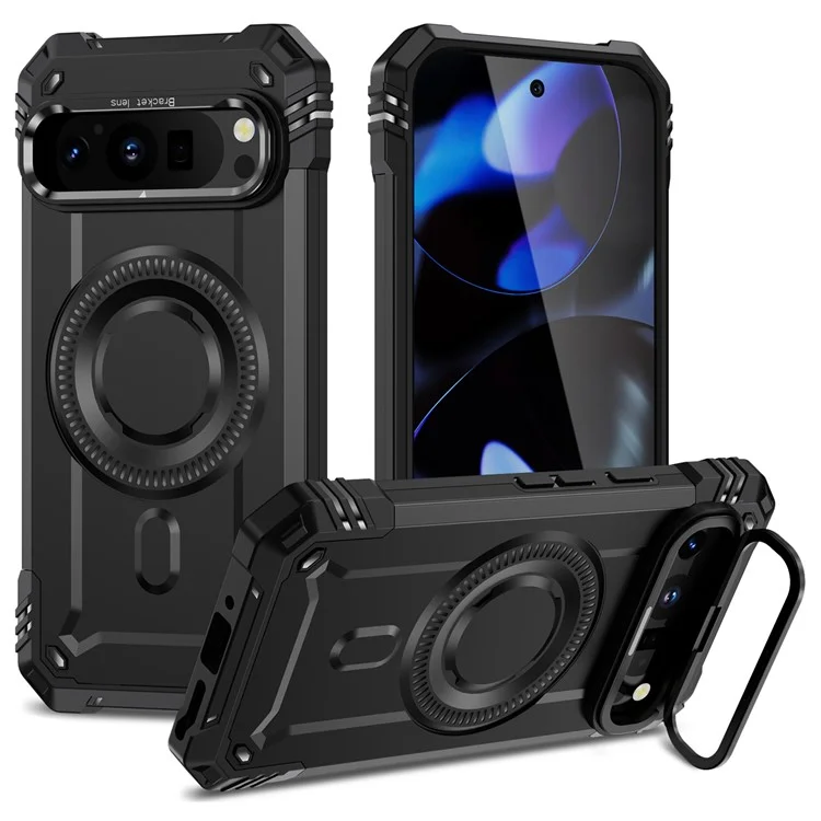 For Google Pixel 9 / 9 Pro Case Compatible with MagSafe Metal Lens Frame Kickstand PC + TPU Mobile Cover - Black