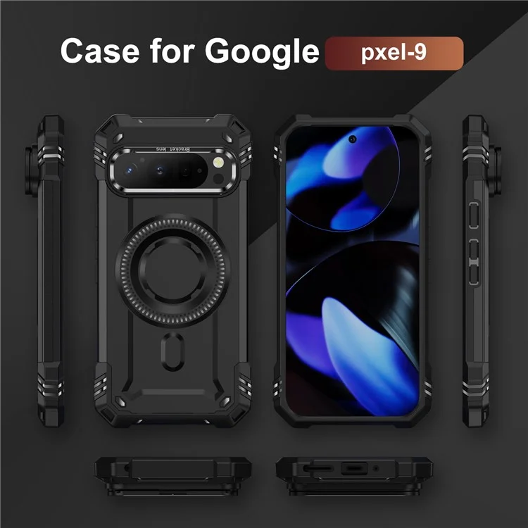 For Google Pixel 9 / 9 Pro Case Compatible with MagSafe Metal Lens Frame Kickstand PC + TPU Mobile Cover - Black