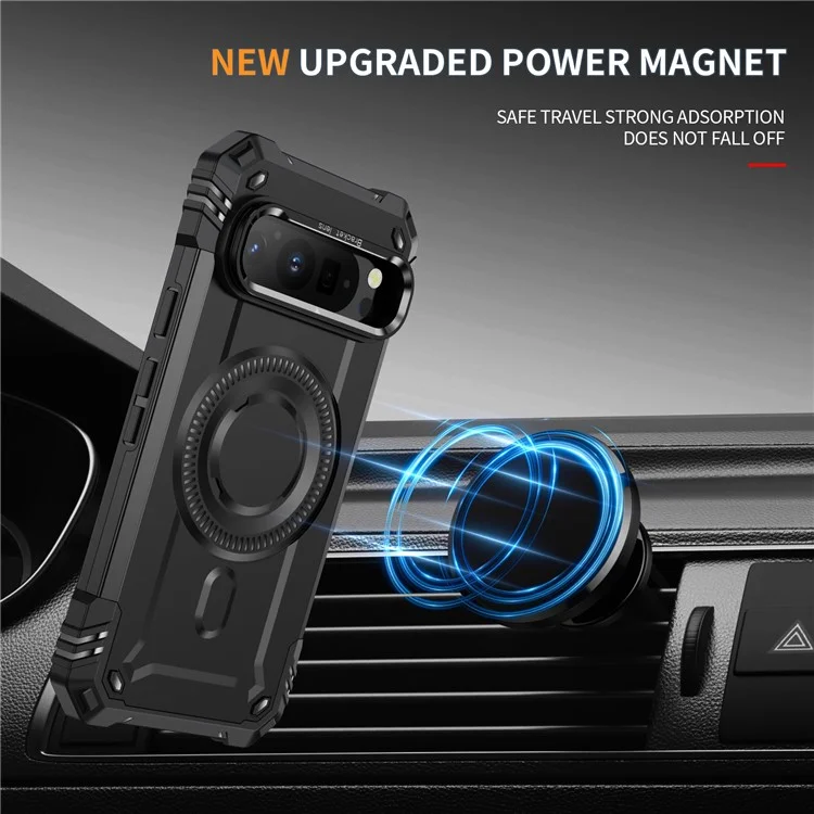 For Google Pixel 9 Pro XL Case Compatible with MagSafe Metal Lens Frame Kickstand PC + TPU Mobile Cover - Black