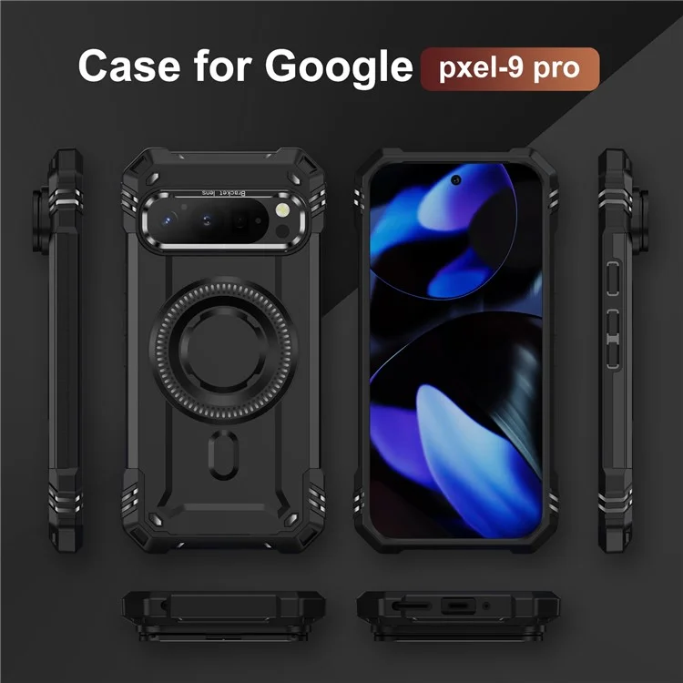 For Google Pixel 9 Pro XL Case Compatible with MagSafe Metal Lens Frame Kickstand PC + TPU Mobile Cover - Black