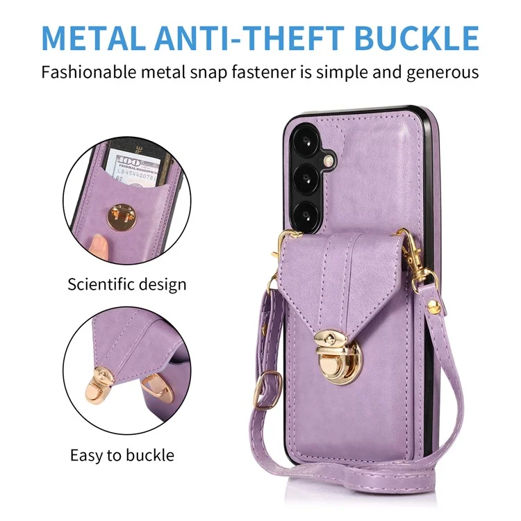 For Samsung Galaxy A16 4G / 5G Case Card Holder Kickstand PU Leather + TPU Phone Cover with Shoulder Strap - Purple