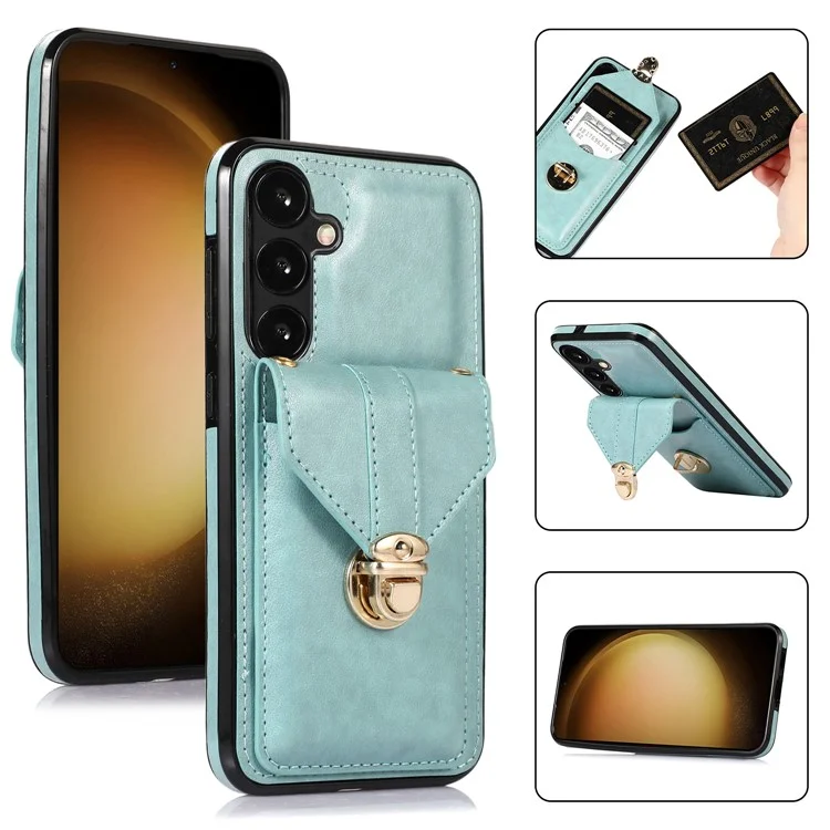 For Samsung Galaxy A26 5G Case Card Holder Kickstand PU Leather + TPU Phone Cover with Shoulder Strap - Green