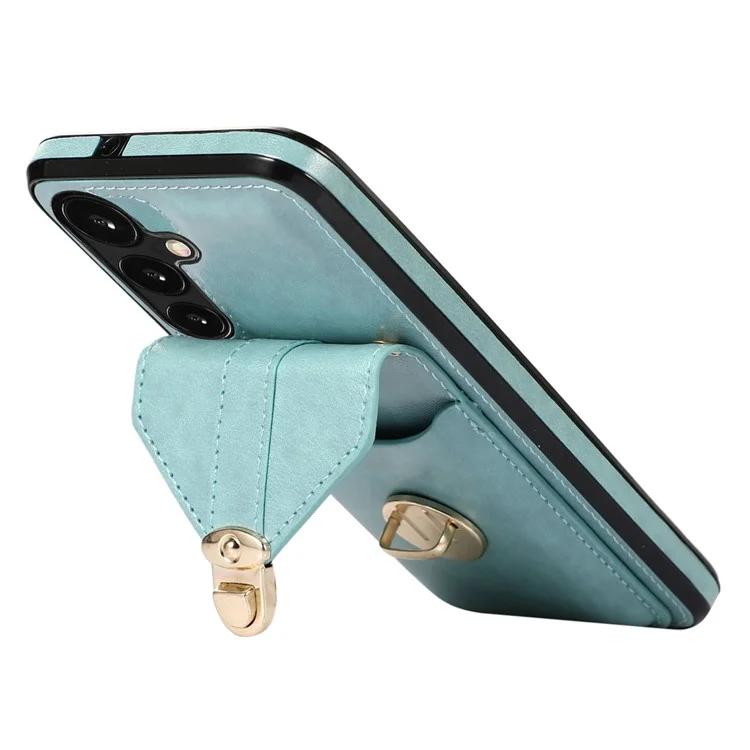 For Samsung Galaxy A26 5G Case Card Holder Kickstand PU Leather + TPU Phone Cover with Shoulder Strap - Green