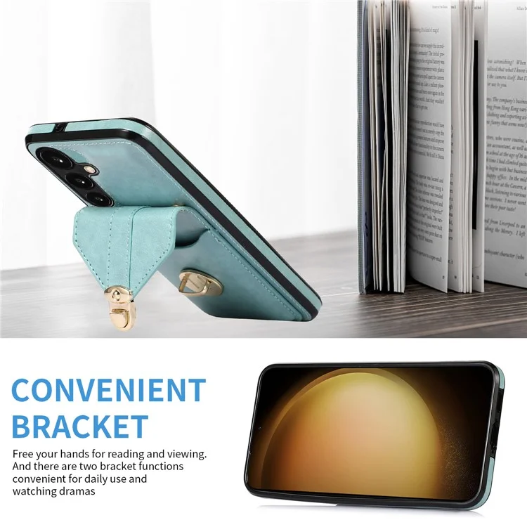 For Samsung Galaxy A26 5G Case Card Holder Kickstand PU Leather + TPU Phone Cover with Shoulder Strap - Green