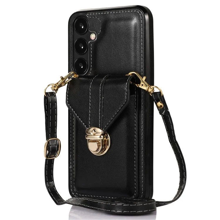 For Samsung Galaxy A36 5G Case Card Holder Kickstand PU Leather + TPU Phone Cover with Shoulder Strap - Black