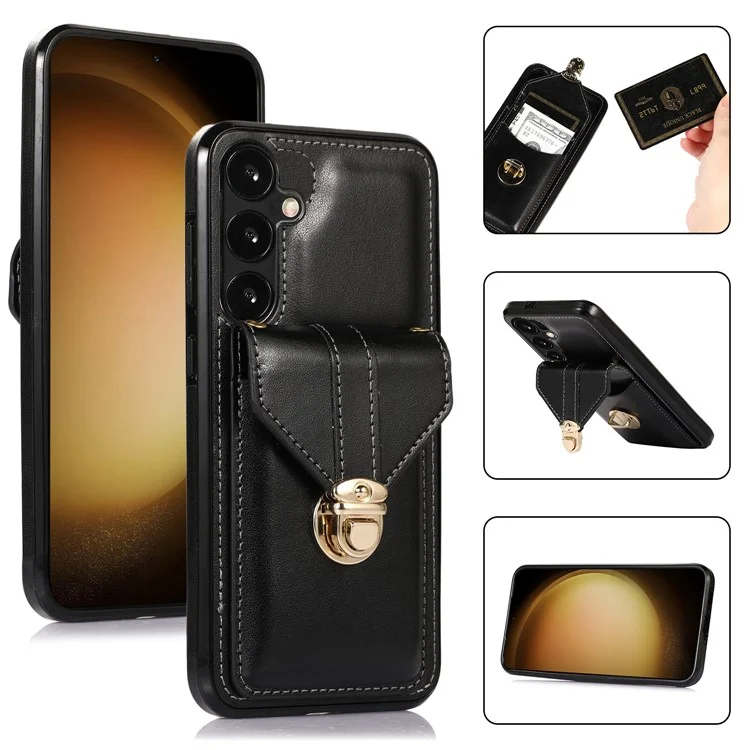 For Samsung Galaxy A36 5G Case Card Holder Kickstand PU Leather + TPU Phone Cover with Shoulder Strap - Black