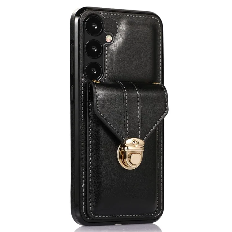 For Samsung Galaxy A36 5G Case Card Holder Kickstand PU Leather + TPU Phone Cover with Shoulder Strap - Black