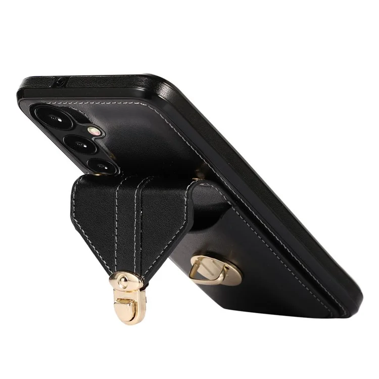 For Samsung Galaxy A36 5G Case Card Holder Kickstand PU Leather + TPU Phone Cover with Shoulder Strap - Black