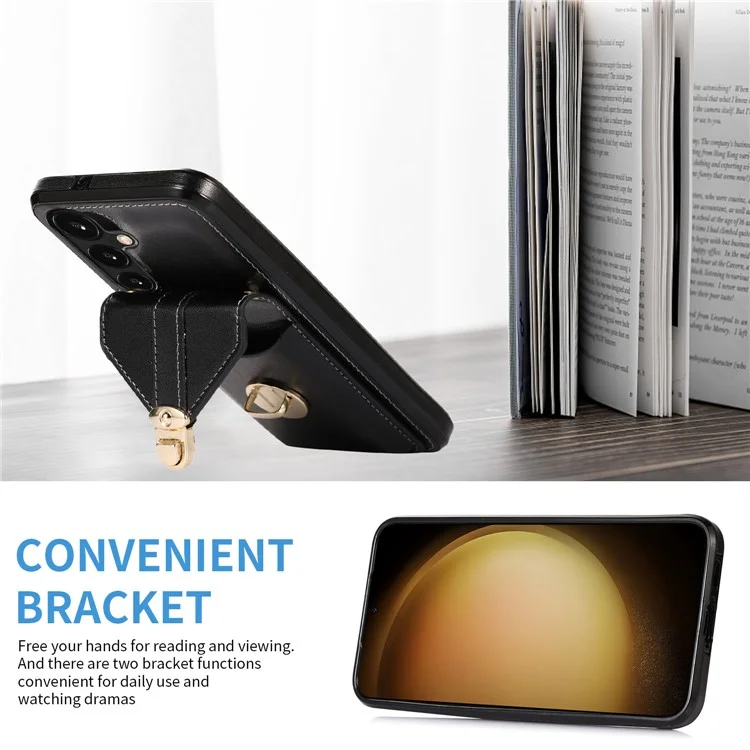 For Samsung Galaxy A36 5G Case Card Holder Kickstand PU Leather + TPU Phone Cover with Shoulder Strap - Black
