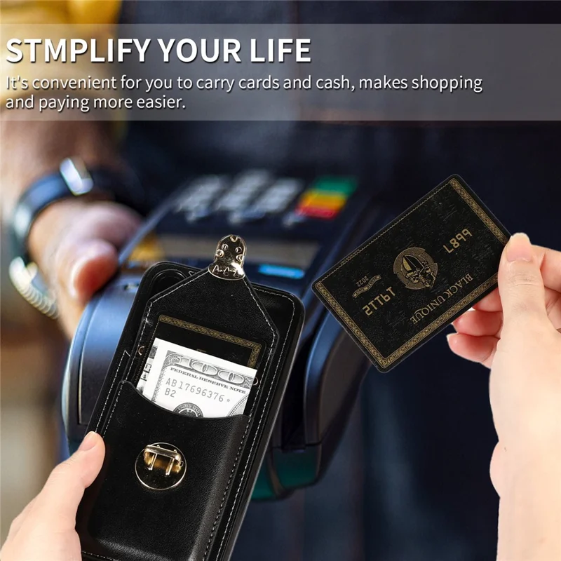 For Samsung Galaxy A56 5G Case Card Holder Kickstand PU Leather + TPU Phone Cover with Shoulder Strap - Black