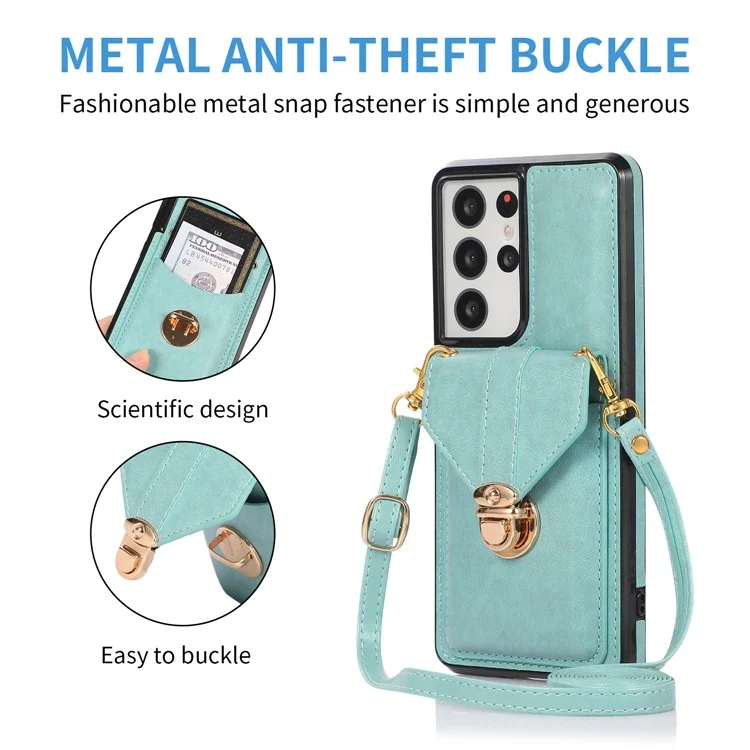 For Samsung Galaxy S25 Ultra Case Card Holder Kickstand PU Leather + TPU Phone Cover with Shoulder Strap - Green