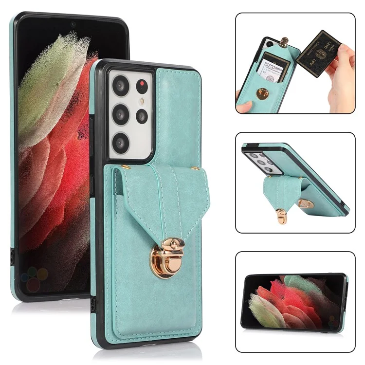 For Samsung Galaxy S25 Ultra Case Card Holder Kickstand PU Leather + TPU Phone Cover with Shoulder Strap - Green