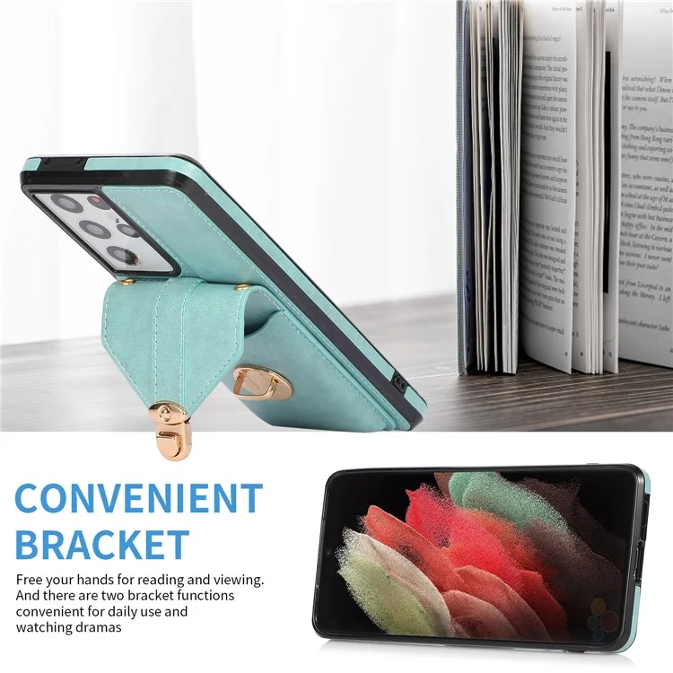 For Samsung Galaxy S25 Ultra Case Card Holder Kickstand PU Leather + TPU Phone Cover with Shoulder Strap - Green
