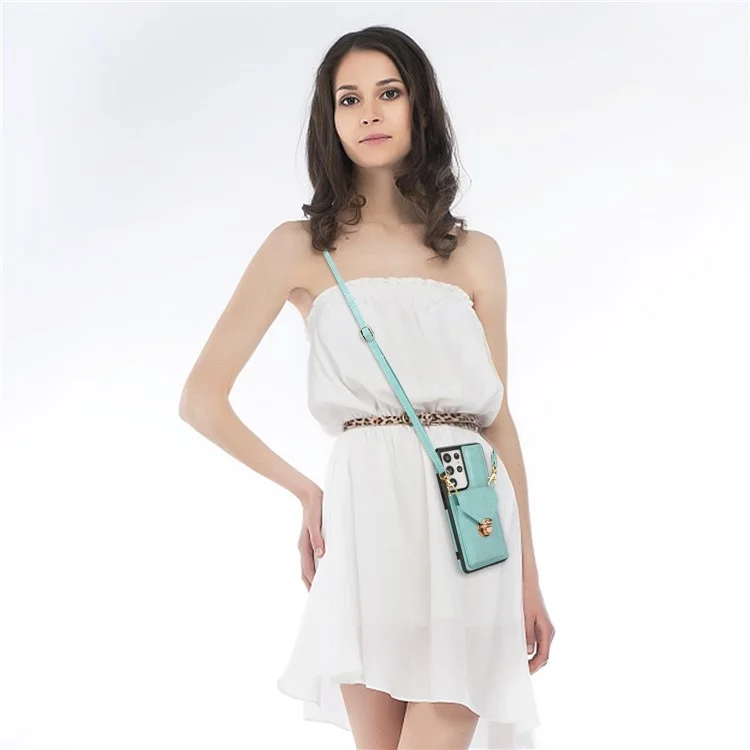 For Samsung Galaxy S25 Ultra Case Card Holder Kickstand PU Leather + TPU Phone Cover with Shoulder Strap - Green