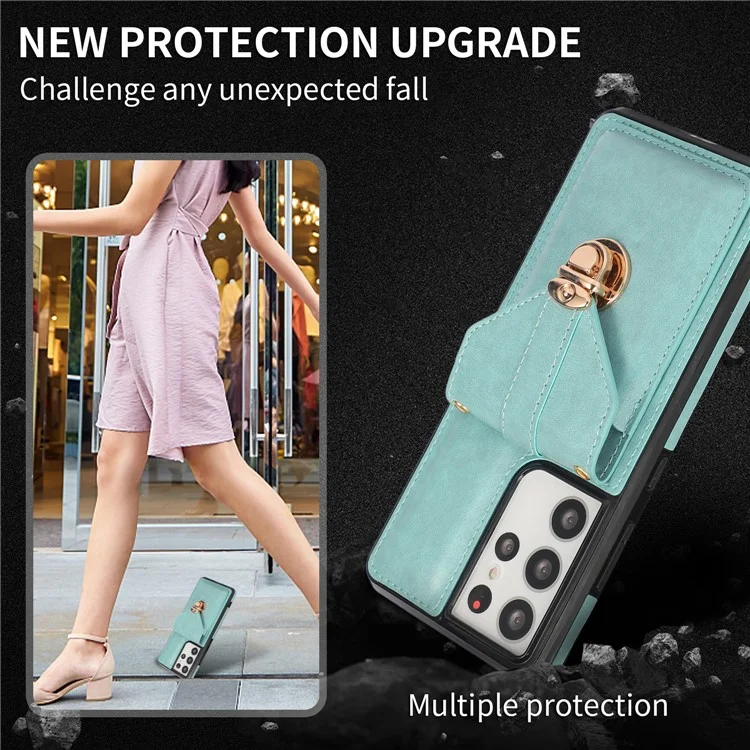 For Samsung Galaxy S25 Ultra Case Card Holder Kickstand PU Leather + TPU Phone Cover with Shoulder Strap - Green