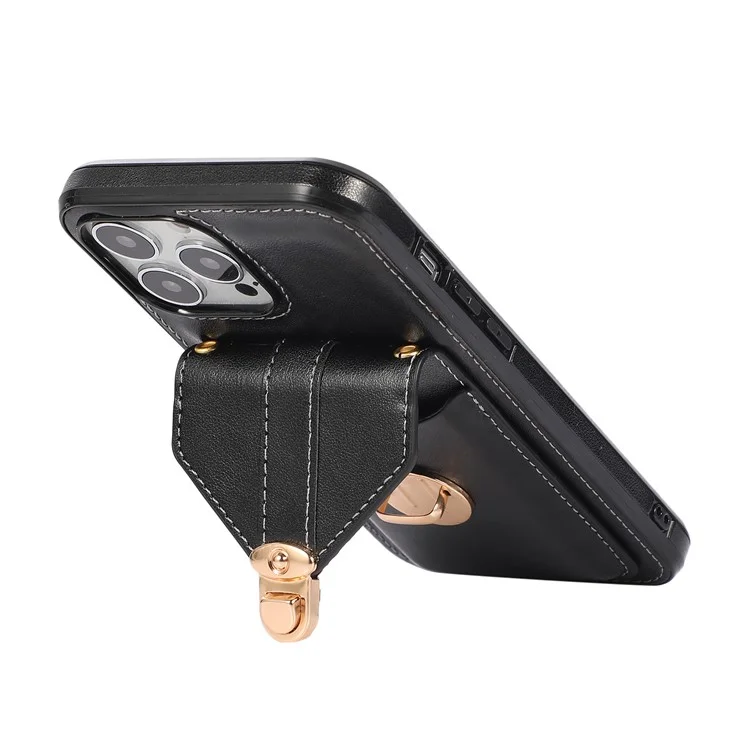 For iPhone 16 Pro Max Case Card Holder Kickstand PU Leather + TPU Phone Cover with Shoulder Strap - Black