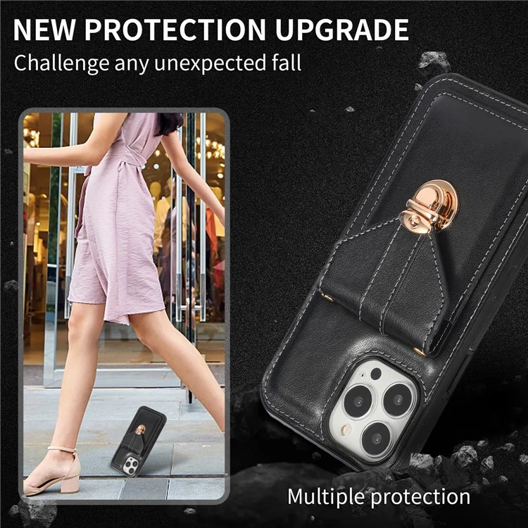 For iPhone 16 Pro Max Case Card Holder Kickstand PU Leather + TPU Phone Cover with Shoulder Strap - Black