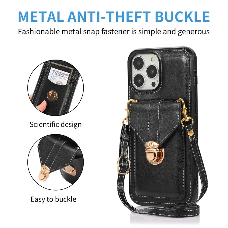 For iPhone 16 Pro Max Case Card Holder Kickstand PU Leather + TPU Phone Cover with Shoulder Strap - Black