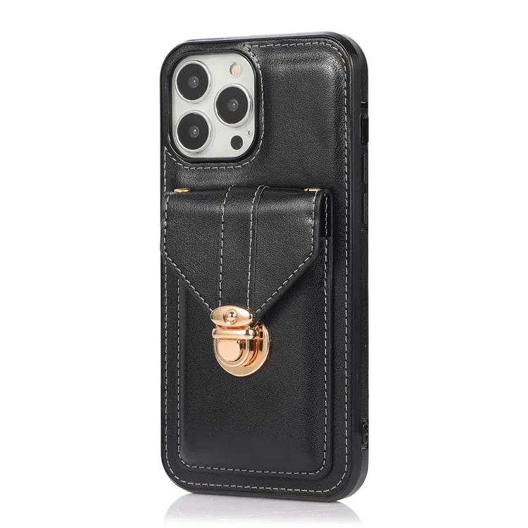For iPhone 16 Pro Max Case Card Holder Kickstand PU Leather + TPU Phone Cover with Shoulder Strap - Black