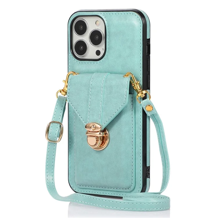 For iPhone 16 Pro Case Card Holder Kickstand PU Leather + TPU Phone Cover with Shoulder Strap - Green