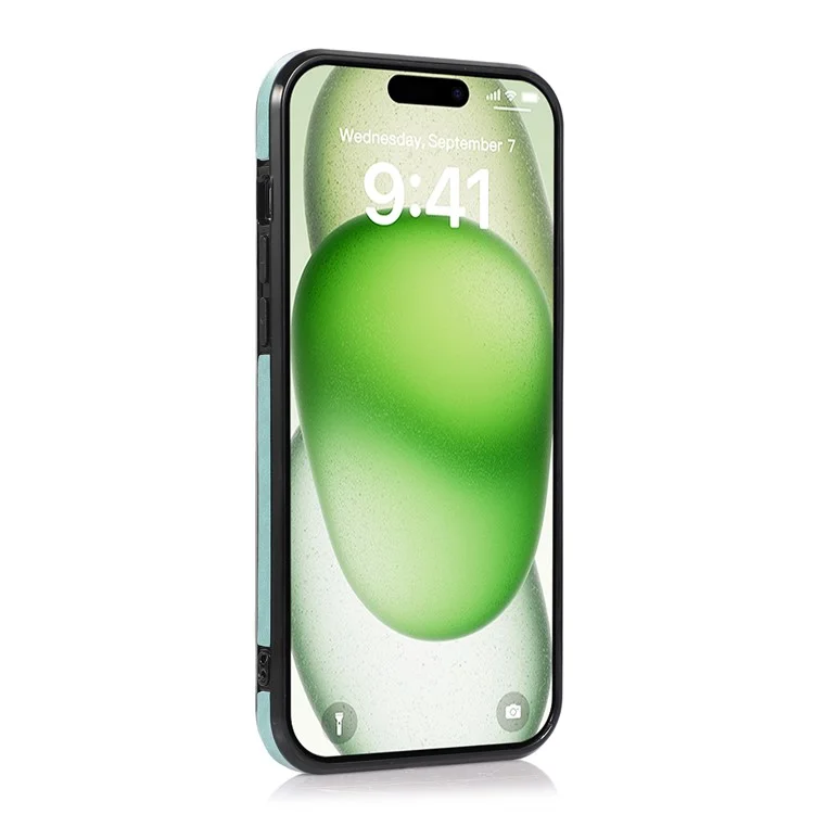 For iPhone 16 Pro Case Card Holder Kickstand PU Leather + TPU Phone Cover with Shoulder Strap - Green
