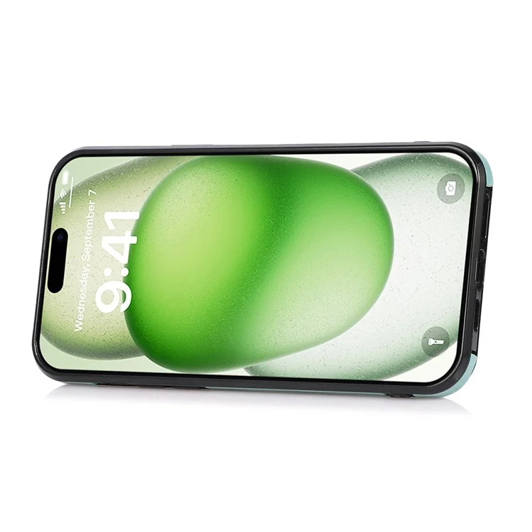 For iPhone 16 Pro Case Card Holder Kickstand PU Leather + TPU Phone Cover with Shoulder Strap - Green