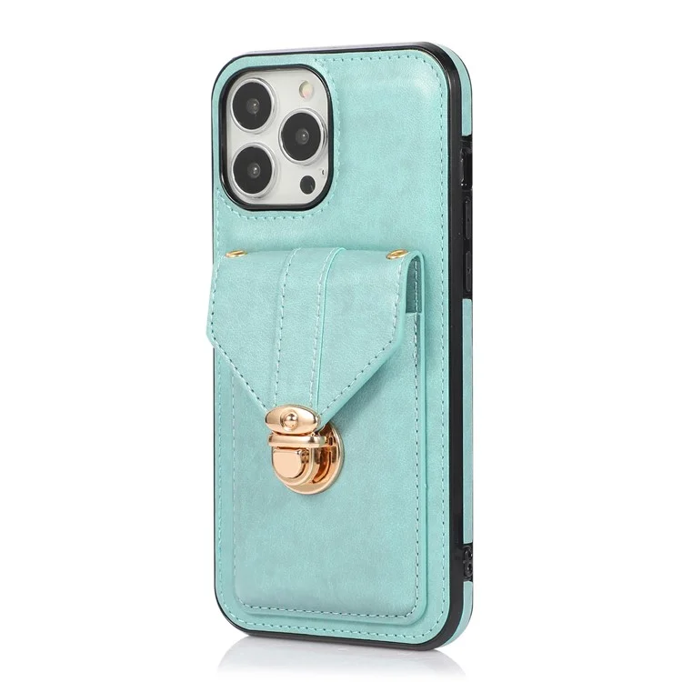 For iPhone 16 Pro Case Card Holder Kickstand PU Leather + TPU Phone Cover with Shoulder Strap - Green
