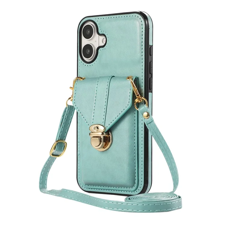 For iPhone 16 Case Card Holder Kickstand PU Leather + TPU Phone Cover with Shoulder Strap - Green