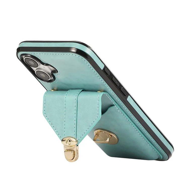 For iPhone 16 Case Card Holder Kickstand PU Leather + TPU Phone Cover with Shoulder Strap - Green