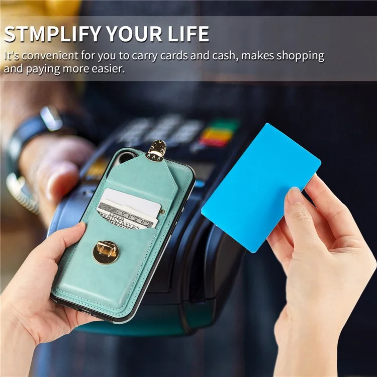 For iPhone 16 Case Card Holder Kickstand PU Leather + TPU Phone Cover with Shoulder Strap - Green