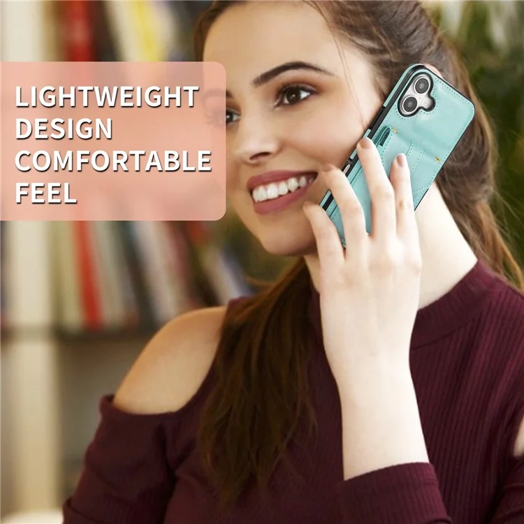 For iPhone 16 Case Card Holder Kickstand PU Leather + TPU Phone Cover with Shoulder Strap - Green