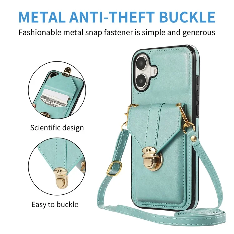 For iPhone 16 Case Card Holder Kickstand PU Leather + TPU Phone Cover with Shoulder Strap - Green