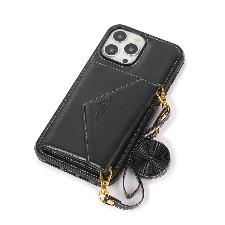 For iPhone 16 Pro Max Cell Phone Case Triangle Lid Card Bag Leather + TPU Cover with Long Strap - Black