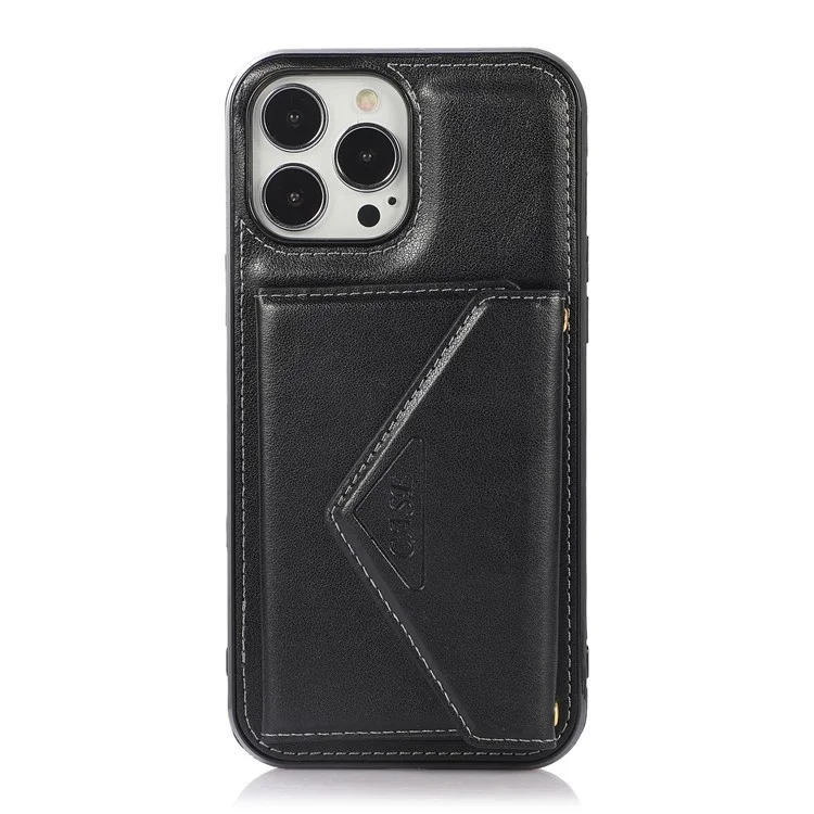 For iPhone 16 Pro Max Cell Phone Case Triangle Lid Card Bag Leather + TPU Cover with Long Strap - Black